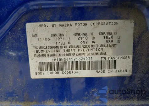 2007 Mazda Mazda3 S Grand Touring z USA, uszkodzony, nr VIN JM1BK344171671232